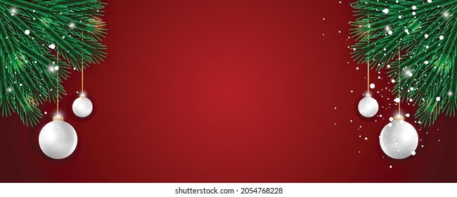 
Realistic Christmas sale banner template with green leaf and red background