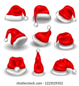 Realistic christmas santa claus red hats isolated vector set. Santa claus cap to xmas holiday celebration illustration