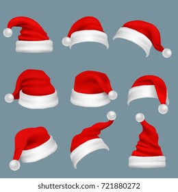 Realistic christmas santa claus red hats isolated vector set. Santa claus cap to xmas holiday celebration illustration