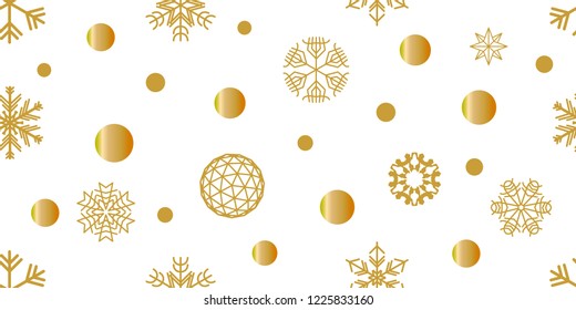 Realistic Christmas seamless pattern with geometric motifs. Snowflakes, Xmas decorations and circles. Retro design collection. Golden on white background.