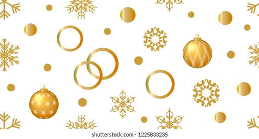 Realistic Christmas seamless pattern with geometric motifs. Snowflakes, rings, Xmas decorations and circles. Retro design collection. Golden on white background.