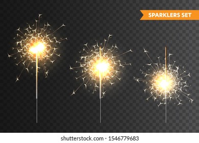 Realistic Christmas sparkler collection on transparent background. Bengal fire effect. Festive bright fireworks with sparks. New Year decoration. Burning sparkling candle. Vector illustration.