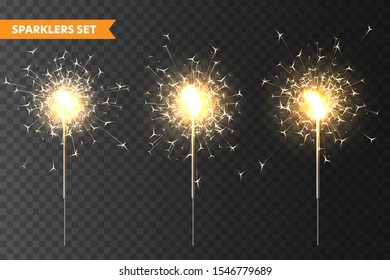 Realistic Christmas sparkler collection on transparent background. Bengal fire effect. Festive bright fireworks with sparks. New Year decoration. Burning sparkling candle. Vector illustration.