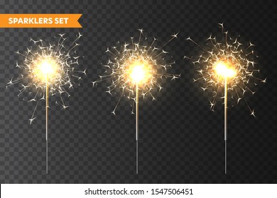 Realistic Christmas sparkler collection on transparent background. Bengal fire effect. Festive bright fireworks with sparks. New Year decoration. Burning sparkling candle. Vector illustration.