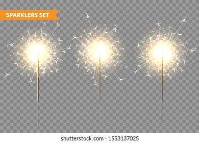 Realistic Christmas sparkler collection on transparent background. Bengal fire effect. Festive bright fireworks with sparks. New Year decoration. Burning sparkling candle. Vector illustration.