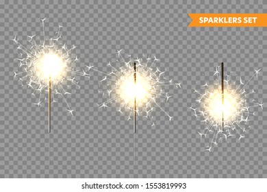 Realistic Christmas sparkler collection on transparent background. Bengal fire effect. Festive bright fireworks with sparks. New Year decoration. Burning sparkling candle. Vector illustration.