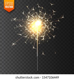 Realistic Christmas sparkler on transparent background. Bengal fire effect. Festive bright fireworks with sparks. New Year decoration. Burning sparkling candle. Vector illustration.