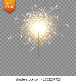 Realistic Christmas sparkler on transparent background. Bengal fire effect. Festive bright fireworks with sparks. New Year decoration. Burning sparkling candle. Vector illustration.