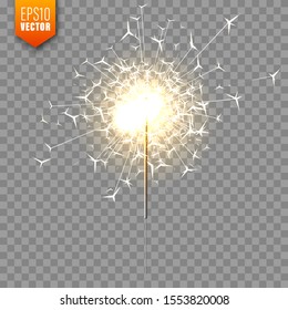 Realistic Christmas sparkler on transparent background. Bengal fire effect. Festive bright fireworks with sparks. New Year decoration. Burning sparkling candle. Vector illustration.