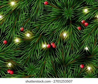 Patrón sin fisuras de primaveras de Navidad realista. Árbol de Navidad con bayas rojas y luces. Ramas forestales de coníferas. Decoración textil, papel de embalaje, Fondo de pantalla. Estampado para tela. Fondo decorativo de Vector