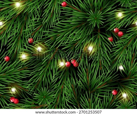 Realistic christmas sprigs seamless pattern. Xmas tree with red berries and lights. Coniferous forest branches. Decor textile, wrapping paper, wallpaper. Print for fabric. Vector decorative background