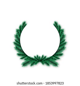 Realistic Christmas spruce wreath. Pine wreath isolated on white background. Decorative frame with fir tree branches. Vector illustration.