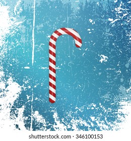 Realistic Christmas striped sweet Candy Cane with Shadow on Snow and Ice Background. Vector Illustration