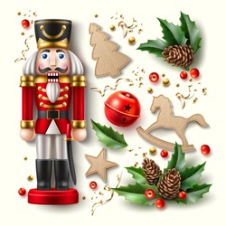 Realistic Christmas Symbols Set. 3d Nutcracker Soldier, Holly, Ilex Or Mistletoe Leaves With Berries, Gingerbread Rocking Horse, Star And Christmas Tree And Jingle Bell. Merry Christmas Vector Element