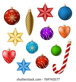 Realistic Christmas toys in different colors and shapes isolated on white vector illustration