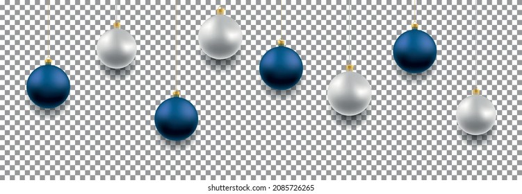 Realistic Christmas toys on transparent background in blue and silver colors for new year illustration