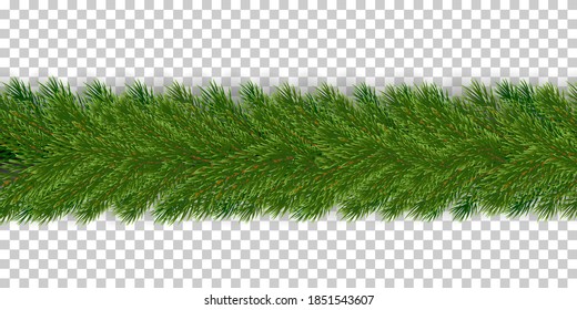  Realistic Christmas tree branch on transparent background. Merry Christmas and Happy New Year decoration. Green spruce branch vector illustration. Detailed element of fresh coniferous plants