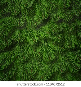 Realistic Christmas Tree Branches Background. Detailed Christmas Tree Branches Background. Green Needles On Branches. Vector Tree Branch Background.