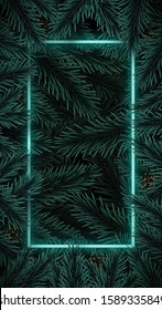 Realistic Christmas tree branches background. Blue neon frame. Vector background with green pine tree branches. 