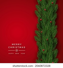 Realistic Christmas tree branches decorated with balls. Holiday vector background. Xmas vector sale decorations