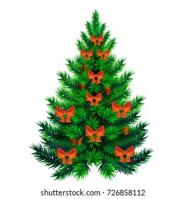 Realistic christmas tree decorated with ribbon bow vector illustration isolated on white.
