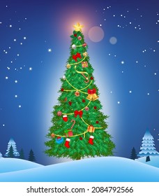 realistic christmas tree with decoration or luxury fir christmas tree with star lamp and gift box or decoration christmas template for banner. eps vector
