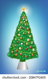realistic christmas tree with decoration or luxury fir christmas tree with star lamp and gift box or decoration christmas template for banner. eps vector
