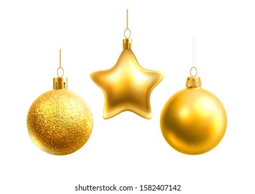 Realistic christmas tree decorations balls, globes and stars for traditional winter holiday design. Vector glossy objects for xmas, new year holiday festive design.