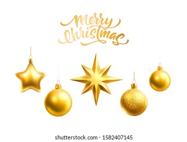 Realistic christmas tree decorations balls, globes and stars for traditional winter holiday design. Vector glossy objects for xmas, new year holiday festive design.