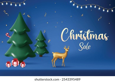 Árvore De Natal Realista E Veado Com Luzes Penduradas No Fundo De Cor Azul. Conceito De Tema De Venda Festiva De Xmas Para Promoção De Oferta De Venda De Desconto, Cartão De Saudações, Site, Anúncio, E-commerce.