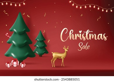 Árvore De Natal Realista E Veado Com Luzes Penduradas No Fundo Vermelho Cor. Conceito De Tema De Venda Festiva De Xmas Para Promoção De Oferta De Venda De Desconto, Cartão De Saudações, Site, Anúncio, E-commerce.
