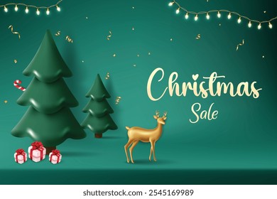 Árvore De Natal Realista E Veado Com Luzes Penduradas No Fundo De Cor Verde. Conceito De Tema De Venda Festiva De Xmas Para Promoção De Oferta De Venda De Desconto, Cartão De Saudações, Site, Anúncio, E-commerce.