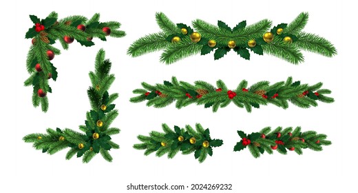 Realistic christmas tree garlands borders and frame corners. Winter holiday decoration with fir branch, holly leaf and pine cones vector set. Illustration of decoration christmas fir frame realistic