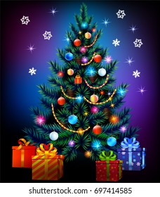 Realistic christmas tree and gift box and snowflake. New Year and Merry Christmas background.