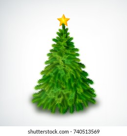 Realistic christmas tree with golden star on top on white background vector illustration