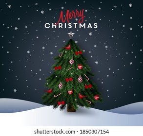 Realistic Christmas tree luxury vector greeting card. Winter Merry Christmas illustration 