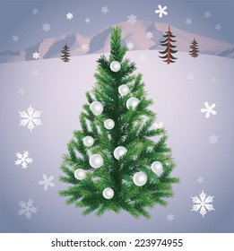 Realistic christmas tree on elegant background.
