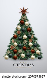 Realistic Christmas Tree with ornaments: cinnamon, orange slice, craft snowflakes, balls and star. Xmas greeting card. Scandi style. 
Happy New Year banner.