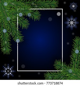 Realistic Christmas tree pine branches, frame and snowflakes on dark blue background. Good for New Year celebration postcards, Christmas banners, holidays flyers. Vector.
