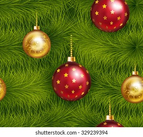 Realistic christmas tree seamless with traditional red and gold christmas ball, bow and others christmas decorations 