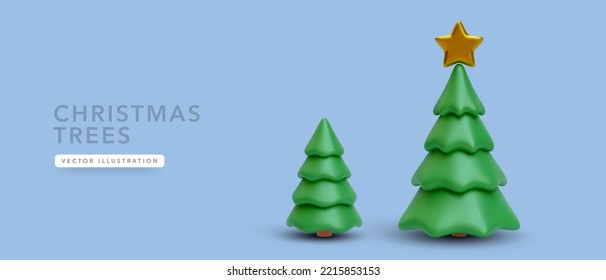 Realistic Christmas tree with shadow isolated on blue background. Vector illustration