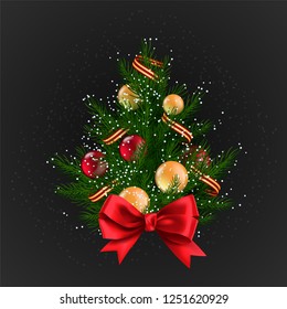 Realistic Christmas tree with snow, colorful baubles an ribbon