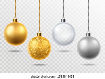 Realistic christmas tree toys. Golden with glitter, silver and transparent glass balls christmas decoration Vector isolated 3d holiday magic set