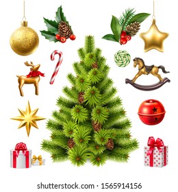 Realistic christmas tree with toys and christmas symbols. Vector evergreen fir, holly leaves with cones and berry, rocking horse toy, golden ball and star, present boxes, cane candy, reindeer.