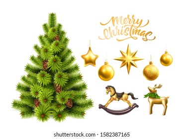 Realistic christmas tree with toys and christmas symbols. Vector evergreen fir, rocking horse toy, golden ball and star, golden reindeer in scarf.