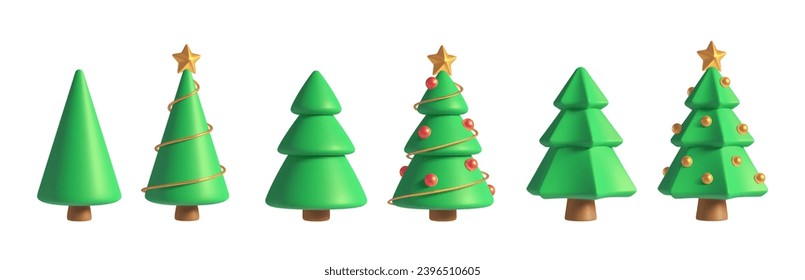 Realistic Christmas trees in different shapes, 3d render green Xmas tree with red ornaments and golden star. Abstract decorated pine tree for winter holiday, New Year festive decor vector element set