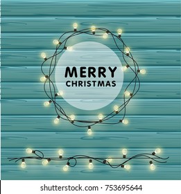 Realistic Christmas vector garland with light bulbs on a beautiful wooden background. Merry christmas illustration for greating card.