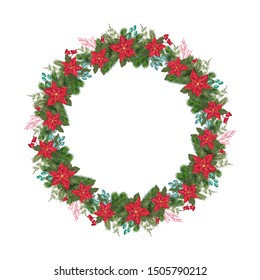 Realistic Christmas vector wreath with flower poinsetia and red berries on evergreen branches with place for text. Isolated xmas illustration for greeting card