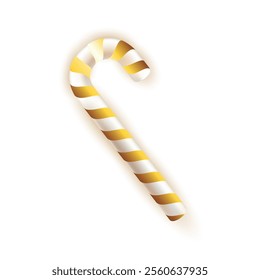 Realistic Christmas white and gold candy cane.Vector illustration isolated on white background for cards,banners,holidays.