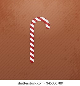 Realistic Christmas white and red striped Candy Cane with Shadow on Cardboard Background. Holiday Sweet vector Object